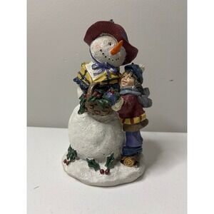 Snowman Figurine Girl‎ Holding Basket Winter Holiday Christmas Decor